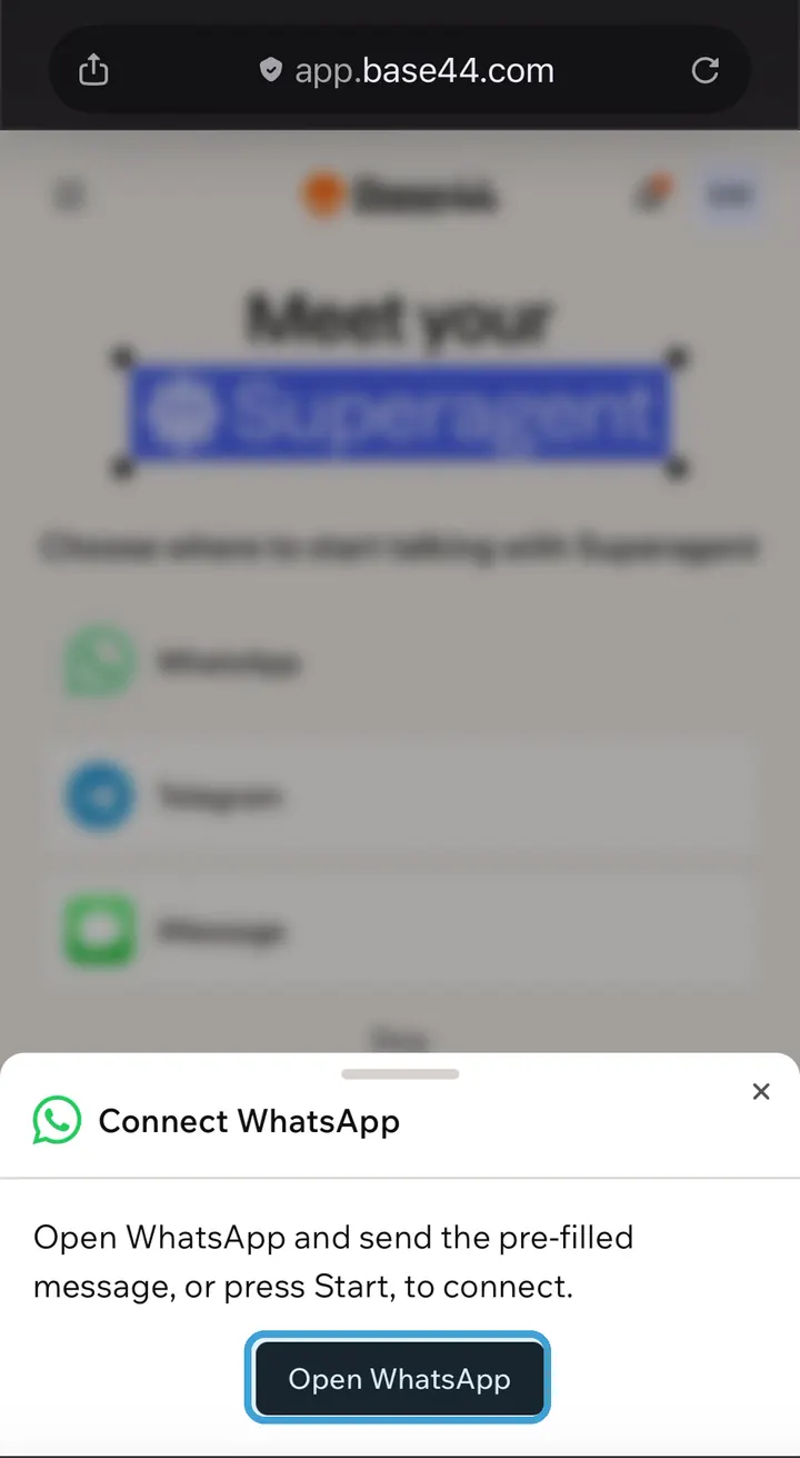 מגירת Connect WhatsApp עם הכפתור Open WhatsApp מסומן