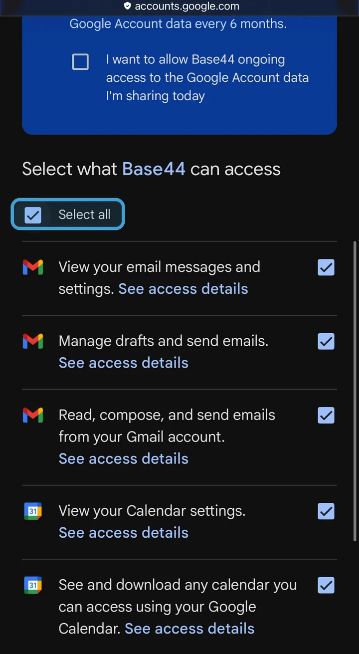 רשימת ההרשאות של גוגל, Select all מסומן וכל ההרשאות מסומנות