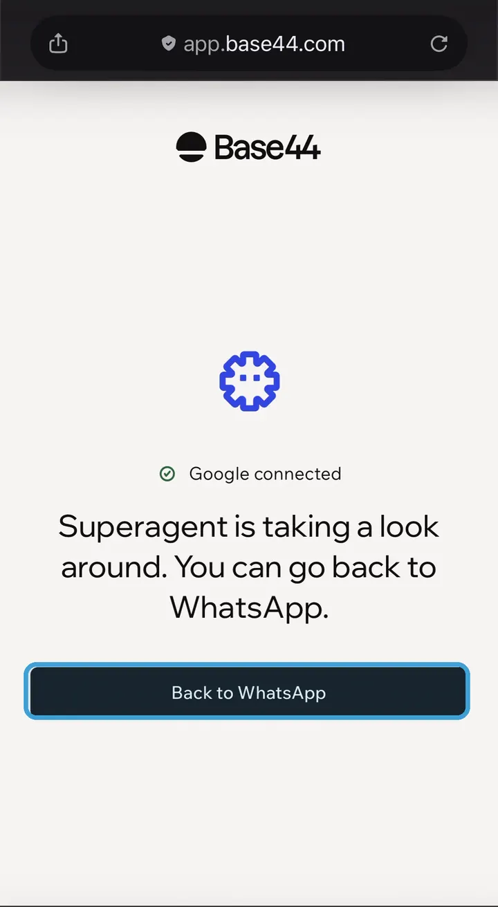 מסך Google connected עם הכפתור Back to WhatsApp מסומן
